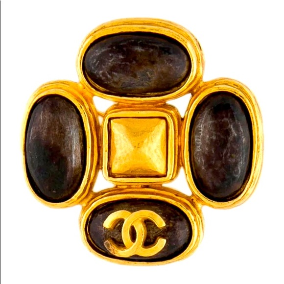Chanel Vintage 97A Brown Stone CC Logo Cross Brooch - Picture 1 of 8